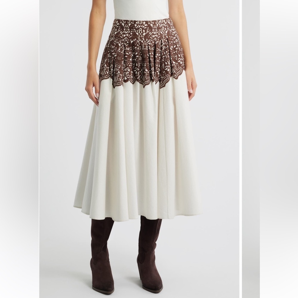 THE GREAT. The Regency Pleated Maxi Skirt Cream Brown Western Lace 1 (4-6)
